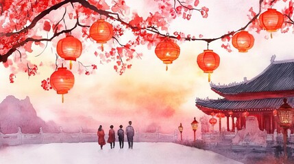 Chinese new year temples concept. Families walking through temple garden, red lanterns swaying gently, peaceful holiday celebration, watercolor style