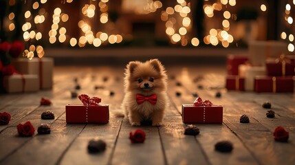 Pomeranian celebrates valentine's day with chocolates cozy setting