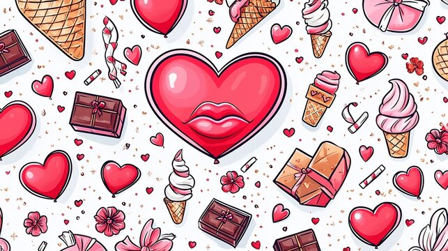 Delightful Valentine s Day Themed Pattern with Hearts Candy and Floral Accents