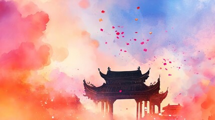 Chinese new year temples concept. Firecrackers in front of temple gates, vibrant celebration and cultural tradition, watercolor style