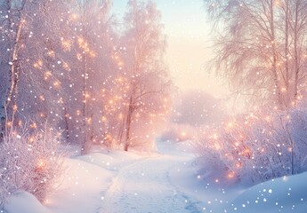 Serene Winter Landscape with Dusting Snowflakes and Soft Glowing Lights in a Tranquil Forest Pathway