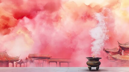 Chinese new year temples concept. Incense burner at temple courtyard, smoke swirling against red and gold backdrop, spiritual scene, watercolor style