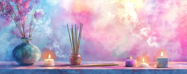 Chinese new year temples concept. Incense sticks burning at temple altar, soft smoke and glowing candles, spiritual warmth, watercolor style