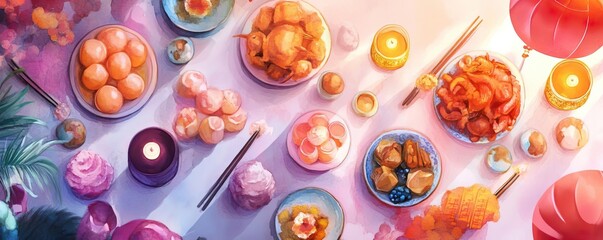 Chinese new year temples concept. Lunar New Year temple feast, tables with traditional offerings, harmonious gathering, watercolor style