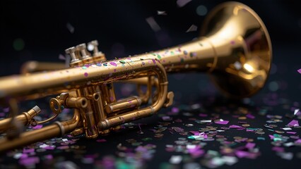 Obraz premium Golden Trumpet with Confetti on Black Background.