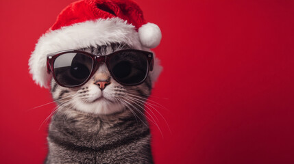Merry Christmas concept holiday vacation winter animal pet greeting card, Cool santa claus dog with sunglasses and santa hat, isolated on red background 