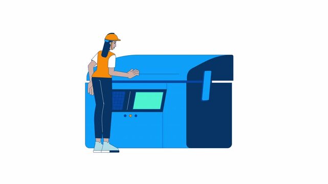 Industrial manufacturing press cartoon animation. 4K video motion graphic. Arab woman hardhat operator working on hydraulic press brake machine animated 2D character isolated on white background
