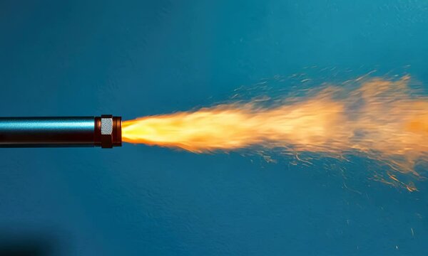 Blue and black flamethrower emitting bright orange flame against background