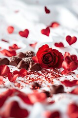 Rose petals and candy hearts. Selective focus.