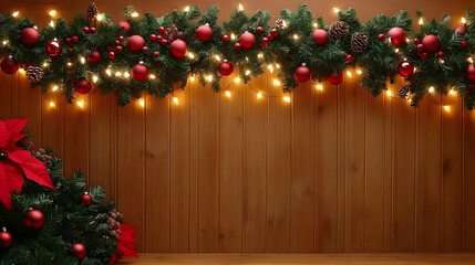 Festive Lights Adorn Wooden Wall, Christmas Cheer with Ornaments and Greenery