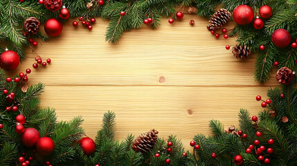 Festive Holiday Decor: Ornaments, Pine, Berries on Wood