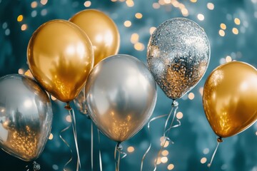 Festive Celebration with Shiny Gold and Silver Balloons Surrounded by Beautiful Bokeh Lights for a Joyful Atmosphere