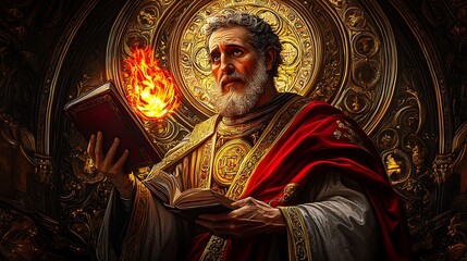 Naklejka premium A luminous stained-glass portrayal of Saint Augustine, holding a flaming heart and a book, surrounded by glowing golden and crimson hues,
