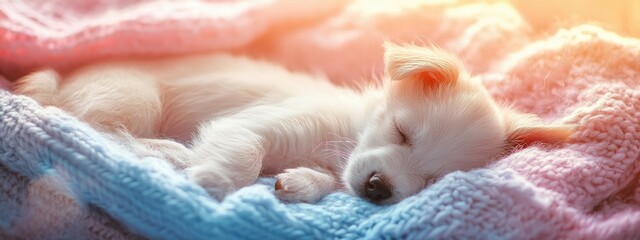 Puppy in a knitted blanket. Selective focus.