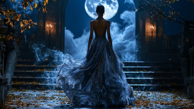 A woman in a blue gown is standing in front of a moon