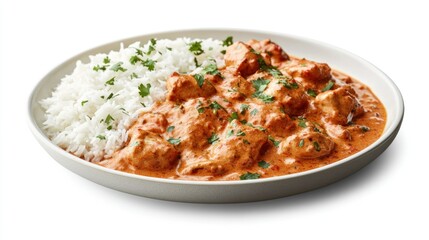 A spicy chicken tikka masala with chunks of marinated chicken breast cooked in a rich