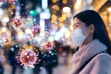 A person in a face mask amid a crowded public space, with symbolic virus particles showing transmission risk.