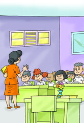 
Inside the school classroom, teacher and students, color illustration
