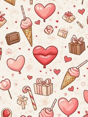 Whimsical Valentine s Day Pattern with Hearts Gifts and Sweets in Cartoon Style