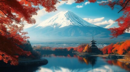 Fototapeta premium Mount Fuji surrounded by lake and autumn trees