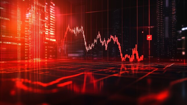 Dow Jones Stock Market goes down. Modern creative red toned economic data graph background.