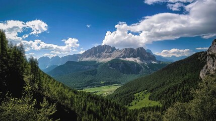 Fototapeta premium Beautiful Mountains with green trees and blue sky and clouds over