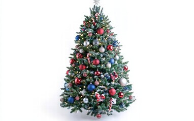Decorated christmas tree with ornaments and lights, bright white background for festive holiday designs