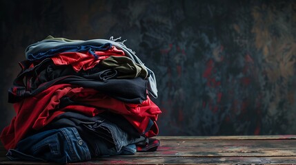 Pile of clothing on table empty zink background