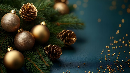 Golden Ornaments & Pine Cones on Festive Branches
