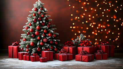 Red Christmas Tree with Presents, Festive Winter Decor