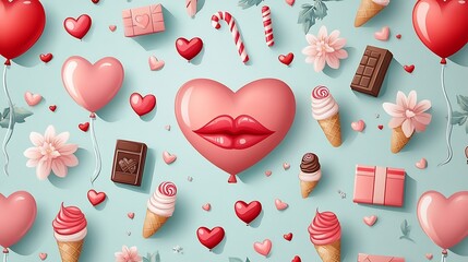 Romantic Valentine s Day Themed Pattern with Festive Elements in Cartoon Style