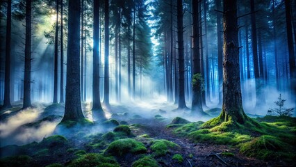 Obraz premium Spooky nature scene: Dark fog blankets a moody forest, evoking an eerie, mystical atmosphere.