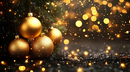 Golden Ornaments Adorn Festive Tree, Sparkling Lights Shine Brightly