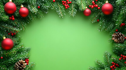 Festive Green Background with Ornaments, Pine, and Berries