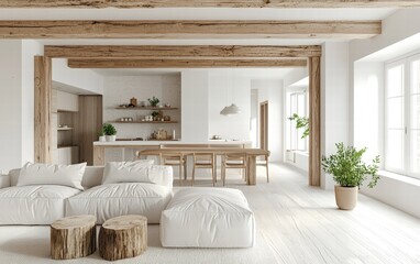 Open-plan space with minimal decor, light furniture, and white walls with exposed wooden beams