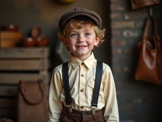 Young boy dressed in vintage clothing smiles joyfully in a charming rustic shop with wooden decor...