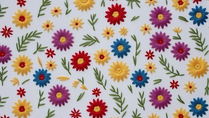 Seamless Pattern of Embroidered Colorful Flowers, Showcasing Intricate Stitching and Vibrant Floral Designs in a Beautiful, Repetitive Arrangement