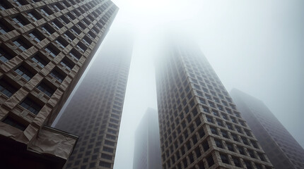 Obraz premium Modern Office Buildings Surrounded by Clouds and Fog in the Financial District, skyscrapers in clouds, foggy cityscape, urban architecture,city in fog, skyscraper skyline, cloud-covered skyscrapers