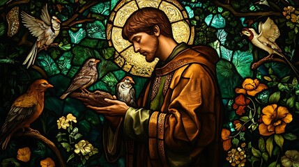 A luminous stained-glass portrayal of Saint Francis of Assisi, surrounded by a variety of animals and birds in a vibrant forest, radiant green and golden hues glowing softly,