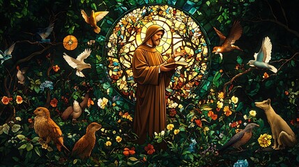 A luminous stained-glass portrayal of Saint Francis of Assisi, surrounded by a variety of animals and birds in a vibrant forest, radiant green and golden hues glowing softly,