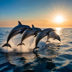 Fototapeta premium a dynamic and lively scene of a group of dolphins leaping joyfully out of the sparkling blue ocean