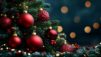 Decorate Festive Christmas Tree with Red Ornaments and Lights