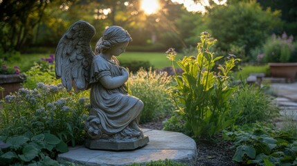 Obraz premium Angel statue in tranquil garden, concept of peace, spirituality, and protection, soft warm sunlight, serene and calming environment, timeless beauty.