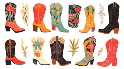 Illustrated collection of retro cowgirl boots with colorful patterns