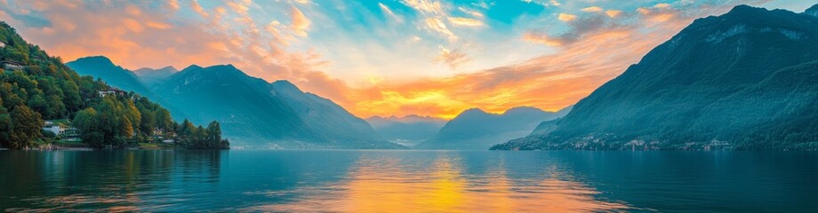 Serene sunset over a calm lake nestled between majestic mountains.