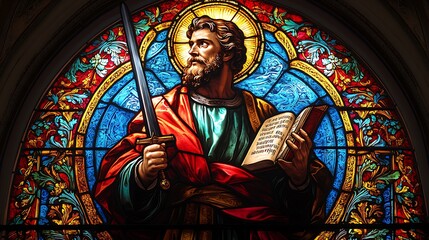 A luminous stained-glass portrayal of Saint Paul, holding a sword and a book, surrounded by radiant red and blue hues, intricate floral and celestial designs enhancing the sacred atmosphere,