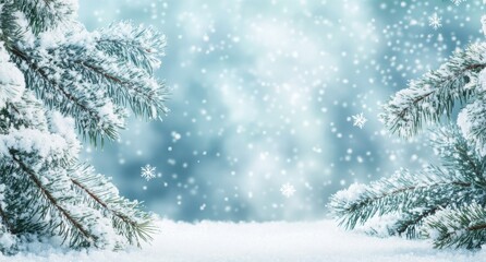 Snowy Winter Wonderland with Evergreen Pine Branches Covered in Fresh Snowflakes on a Soft Frosty Background Creating a Magical Seasonal Atmosphere