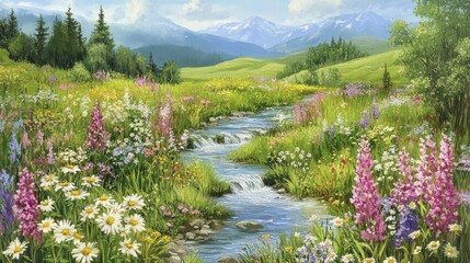 Serene Mountain Spring Landscape with Vibrant Wildflowers and Clear Stream