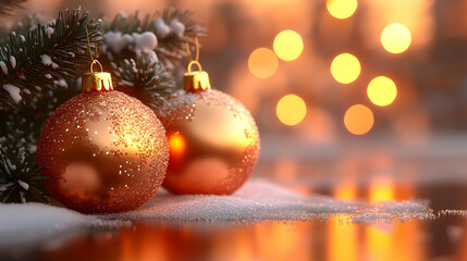 Glittering Ornaments Adorn Snowy Branch at Sunset