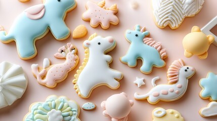 A whimsical display of animal-shaped sugar cookies in pastel colors.